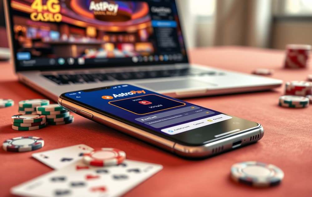 Smarttelefon med AstroPay-app på et casino-bord med spillekort og jetonger