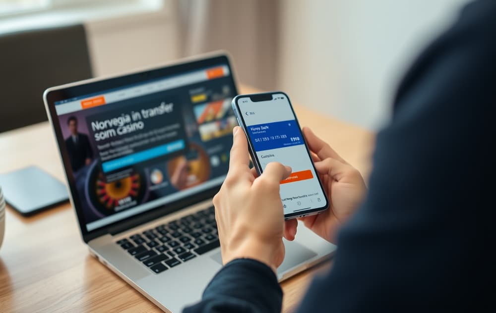 Norsk spiller som utfører bankoverføring fra mobilen til et nettcasino, med laptop i bakgrunnen.