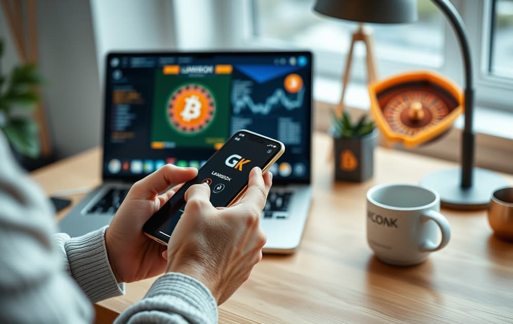 Person som bruker mobil med Bitcoin-lommebok ved siden av laptop med casino