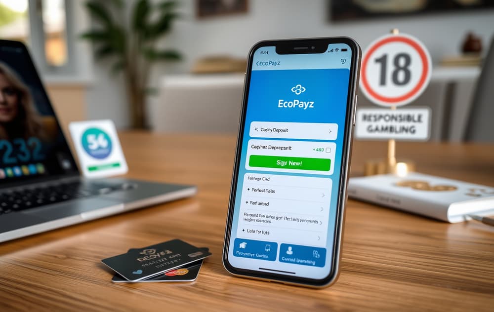 Mobiltelefon med Ecopayz-appen og et casino i bakgrunnen, betalingsskjerm