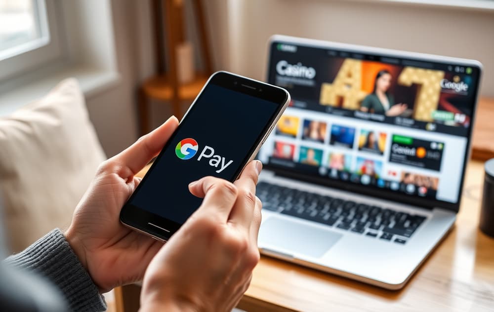 Person som holder en Android-telefon med Google Pay-logoen, med laptop i bakgrunnen som viser et casino