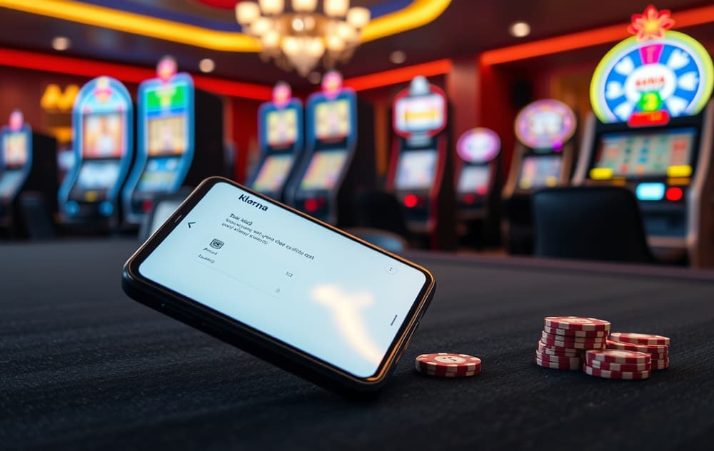 Klarna betalingsbekreftelse på mobil med casino i bakgrunnen