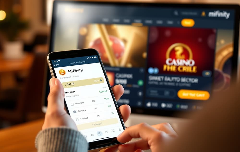 En person som bruker MiFinity-appen på mobilen for å sette inn penger på et nettcasino.