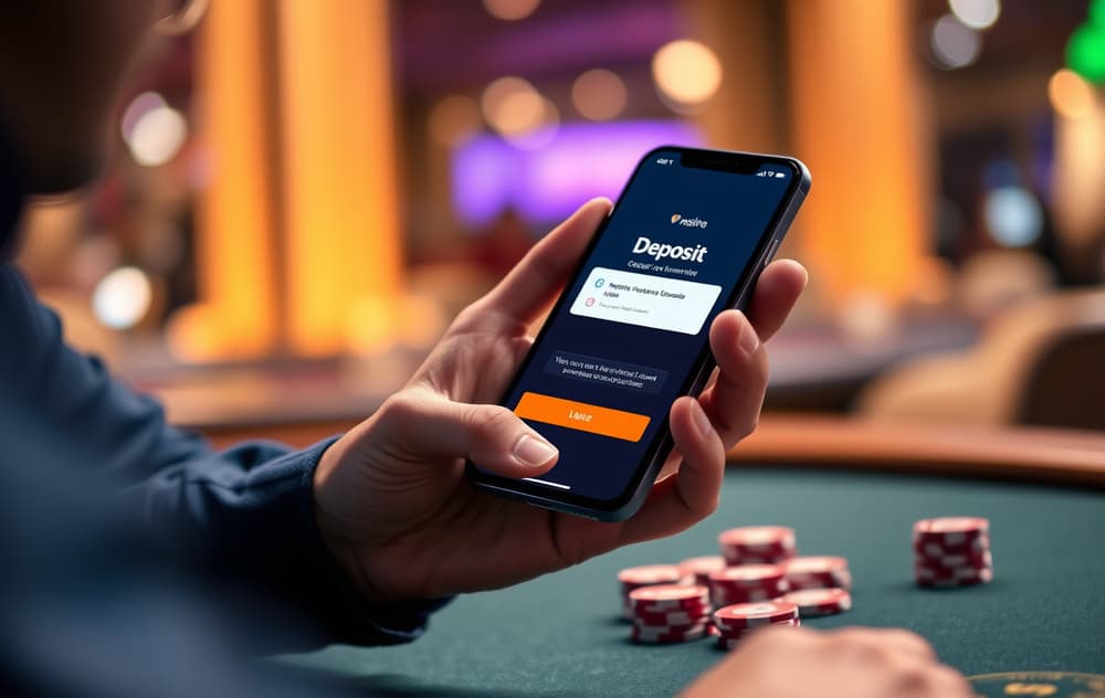 Person med mobiltelefon som viser mobilbetaling på et casino, med sjetonger i bakgrunnen