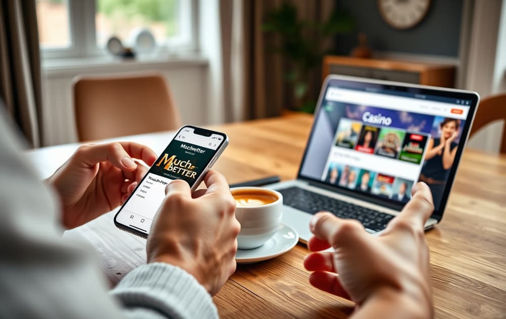 Person med Muchbetter-app på mobilen foran en laptop med casino-nettside – illustrasjon av innskudd.