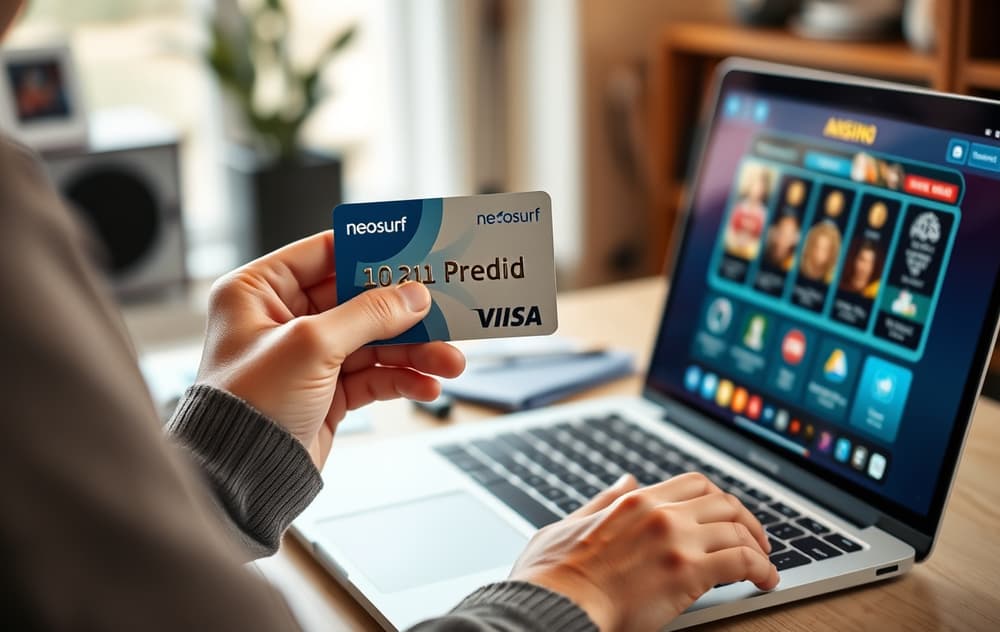 Person som holder en Neosurf-kupong med PIN-kode foran en bærbar PC med casino-side