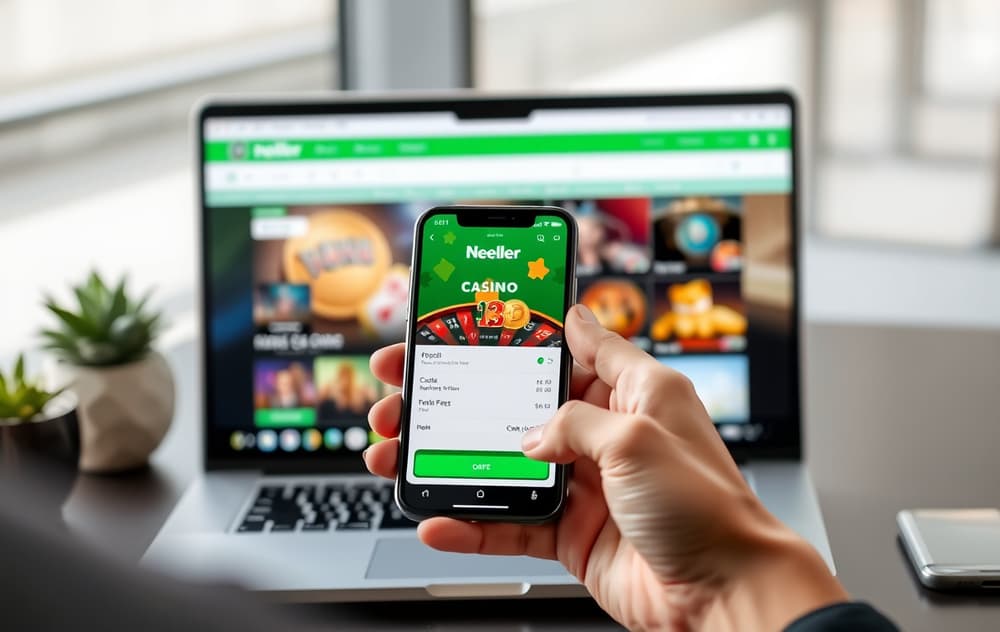 Person med mobiltelefon som viser Neteller-appen for casino-innskudd