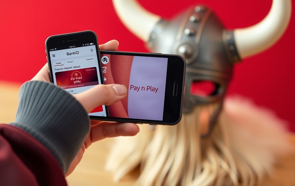 Person med mobiltelefon som viser Pay n Play-innskudd på et norsk nettcasino, med BankID og Vikingsymbolikk.