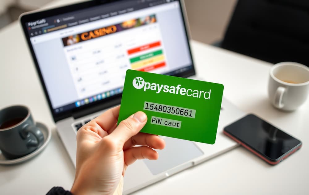 Person holder en grønn Paysafecard-kupong ved siden av en laptop med casino-kasse på skjermen.