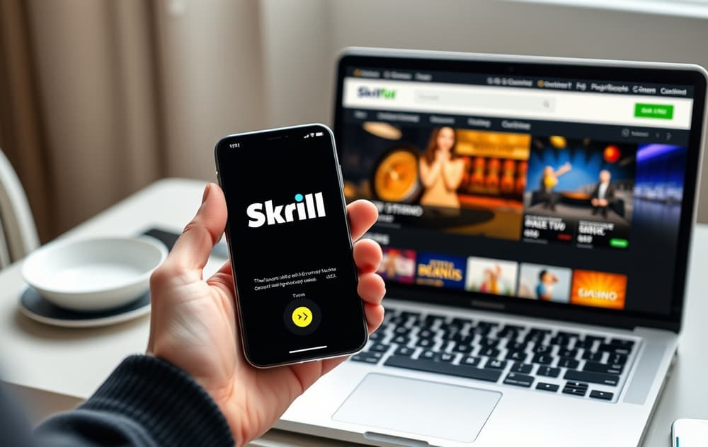 Skrill-app på mobil ved siden av laptop med casino-nettside