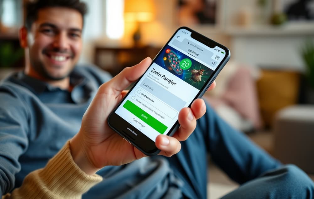 En person som betaler med Zimpler på mobilen foran et casino på skjermen.