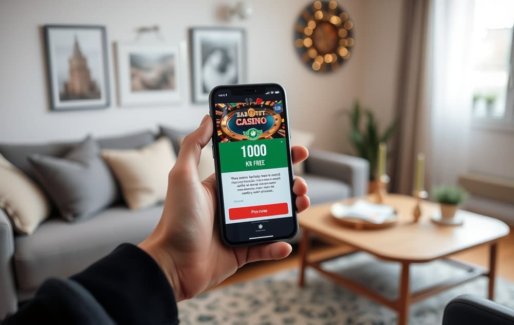Person med smarttelefon som viser 100 kr gratis bonus uten innskudd