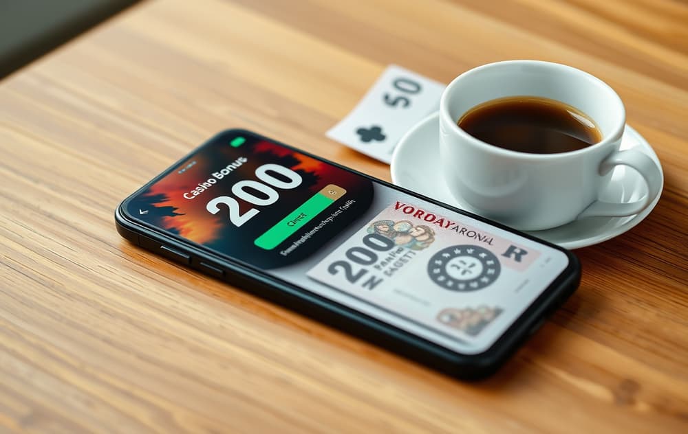 Smarttelefon med 200 kr gratis bonus-tilbud, norsk pengeseddel og kaffekopp på trebord