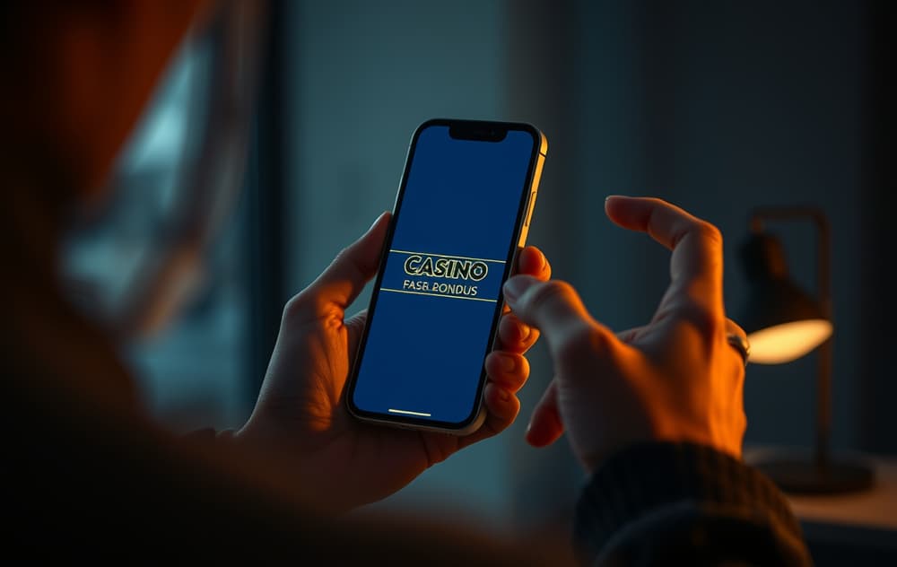 En person som mottar en casinobonus uten innskudd på mobilen, med norske sedler i bakgrunnen.