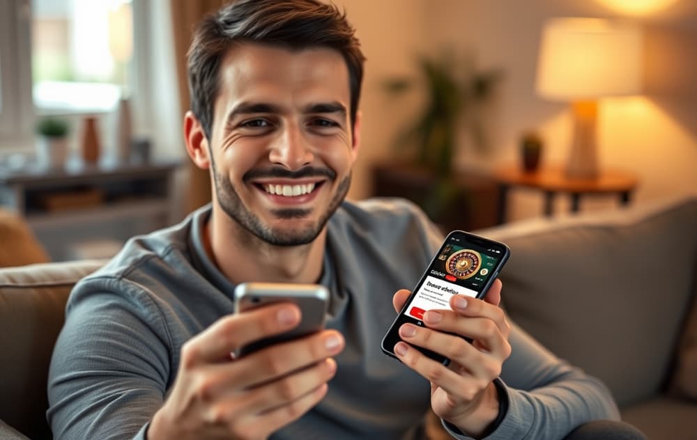 Smilende norsk mann med smarttelefon i stue, bonusvarsel på skjermen