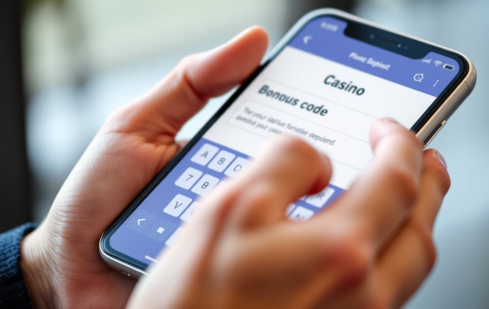 En person taster inn en bonuskode på mobilen under et casinoinnskudd.