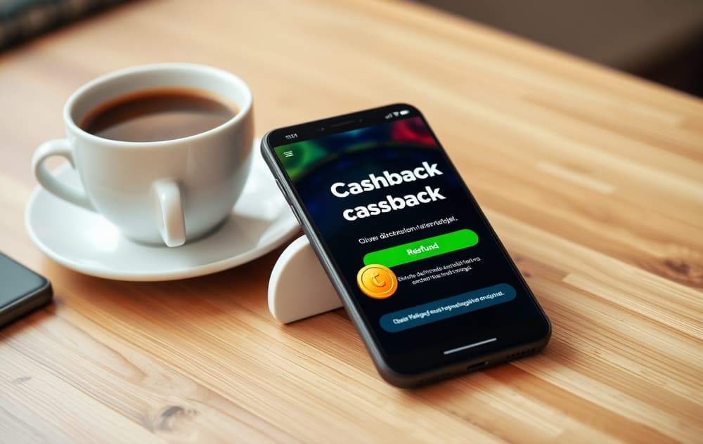 Smarttelefon med cashback-tilbud fra nettcasino, norsk tekst og mynter som faller ned.
