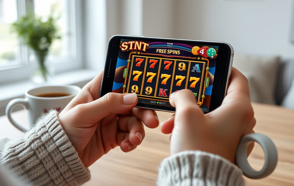 Person spiller freespins på mobiltelefon hjemme
