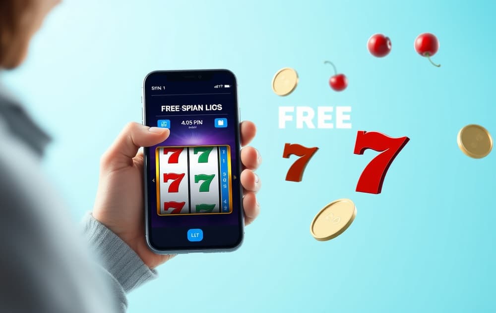 En norsk spiller mottar gratisspinn på mobilen, med slotsymboler og ansvarlig spilling-melding.