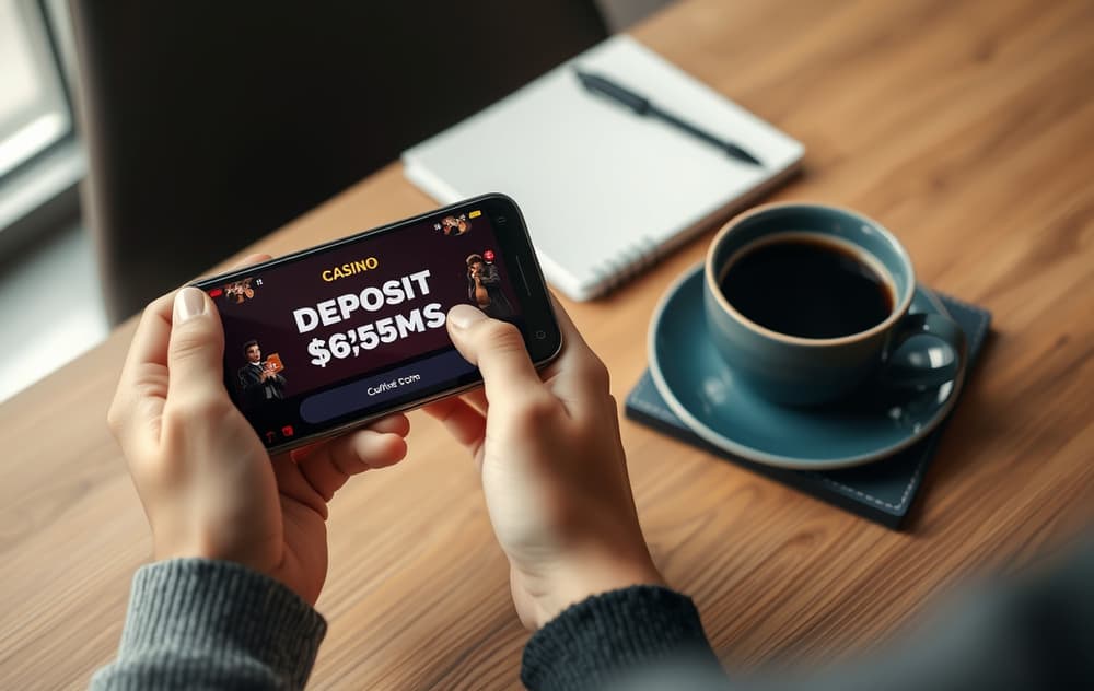 Person som holder en smarttelefon med en innskuddsbonus på skjermen, kaffekopp og notatbok på bordet.