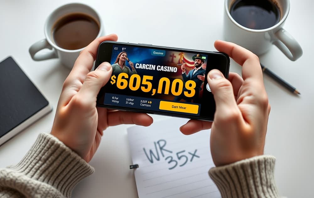 Norsk spiller som ser på en velkomstbonus på mobilen med notatblokk og kaffekopp