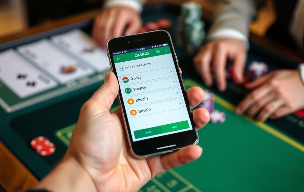 En hånd som holder en mobiltelefon med betalingsmetoder for casino på skjermen, med et uklart kasinobord i bakgrunnen.