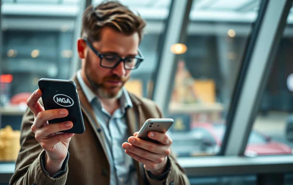 En person som sjekker en casinolisens på mobilen