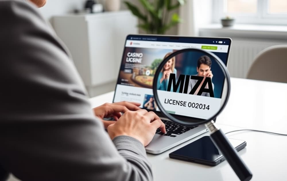 Person som sjekker lisensinformasjon på et nettcasino – fokus på footer med MGA-logo og lisensnummer.