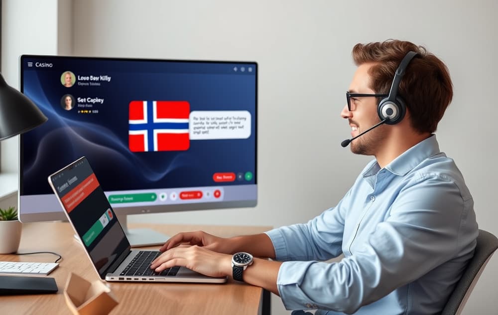 Norsk spiller i samtale med casino kundeservice via live chat på PC.
