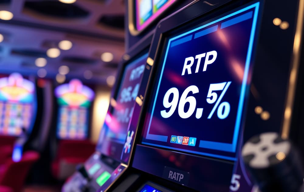 Spilleautomat på et casino som viser RTP 96,5 % på skjermen, med terninger og sjetonger i bakgrunnen.