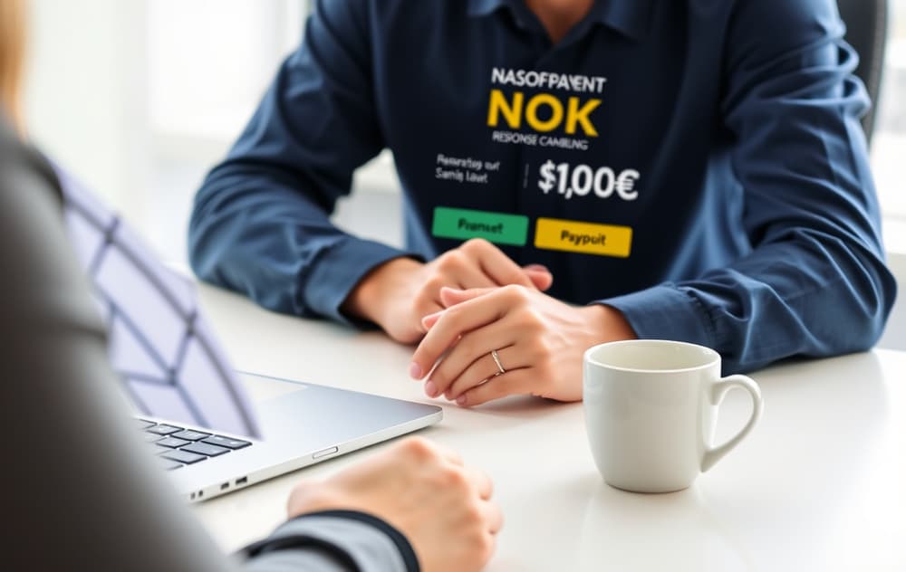 En person som sitter ved et skrivebord med laptop, kalkulator og kaffekopp, og ser på en casino-utbetaling i norske kroner på skjermen.