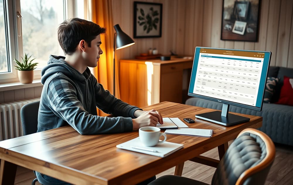 En person sitter ved en PC og sammenligner casinoer på skjermen, med kaffe og notatblokk på bordet.