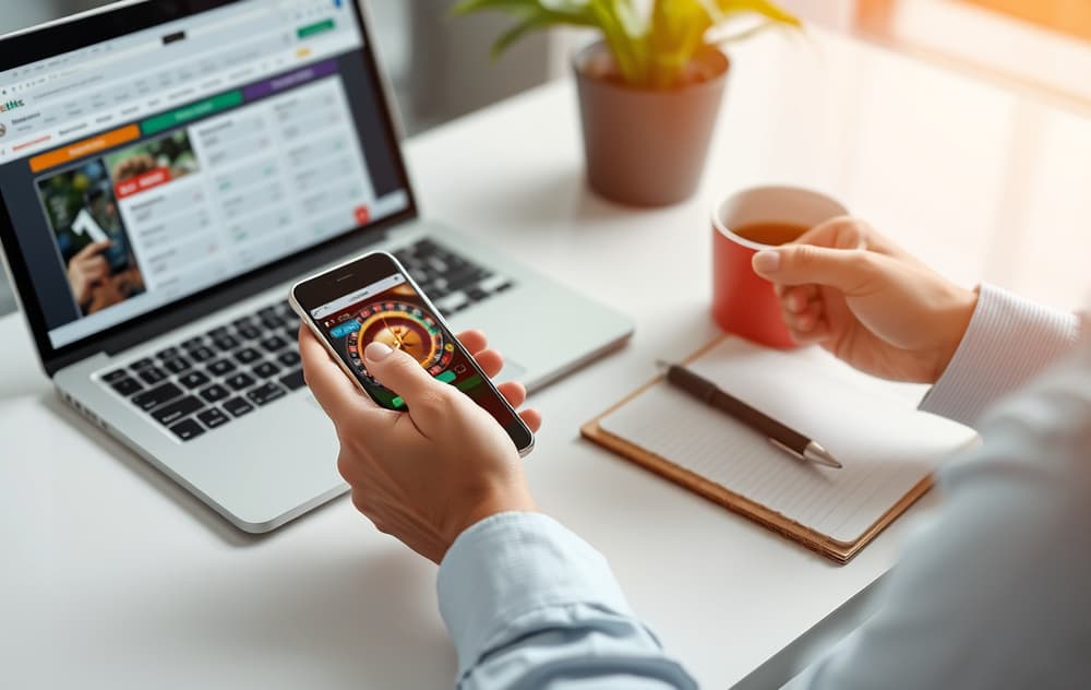 Person som sammenligner casinoer på mobil og laptop