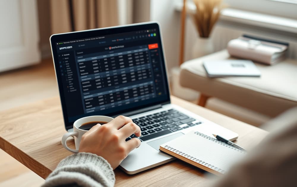 En person som sammenligner odds på en bærbar PC, med kaffekopp og notatblokk.