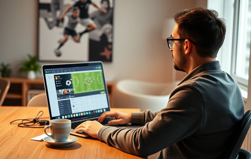 En person som sitter ved et skrivebord med en bærbar PC som viser et sportsbetting-grensesnitt, en kaffekopp og en fotballkamp i bakgrunnen.