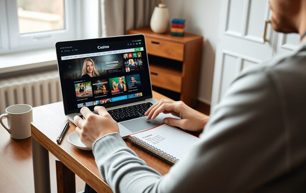 Person som sammenligner casinoer med lavt innskudd på laptop