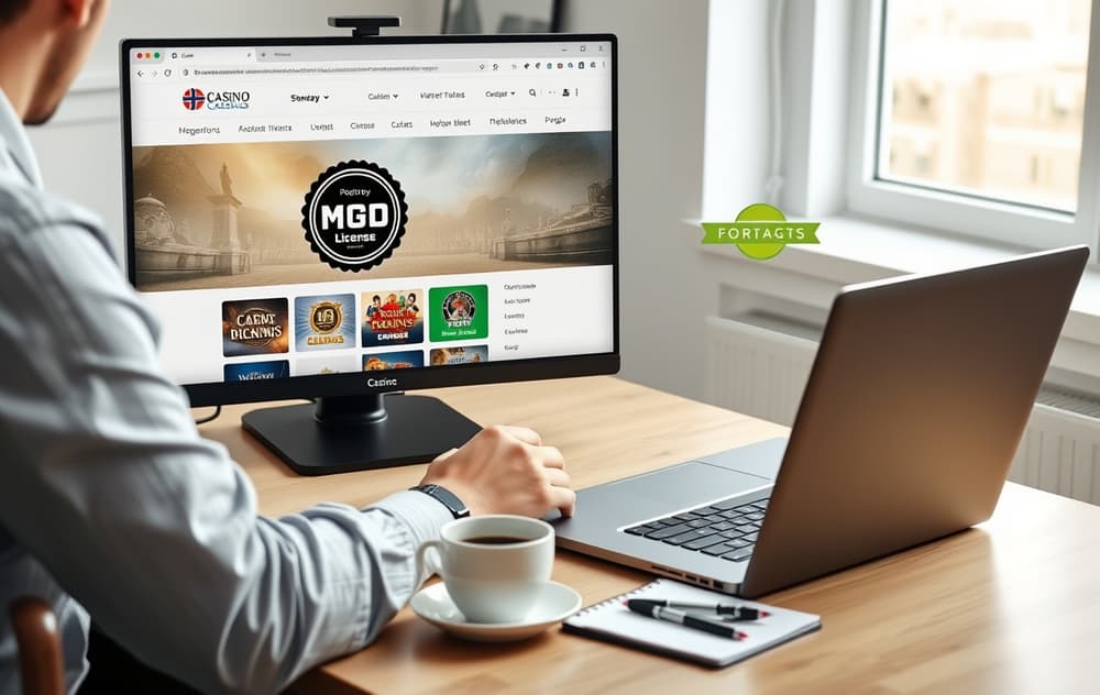 En person sammenligner to casinoer på en bærbar PC, med kaffekopp og notatblokk på skrivebordet.