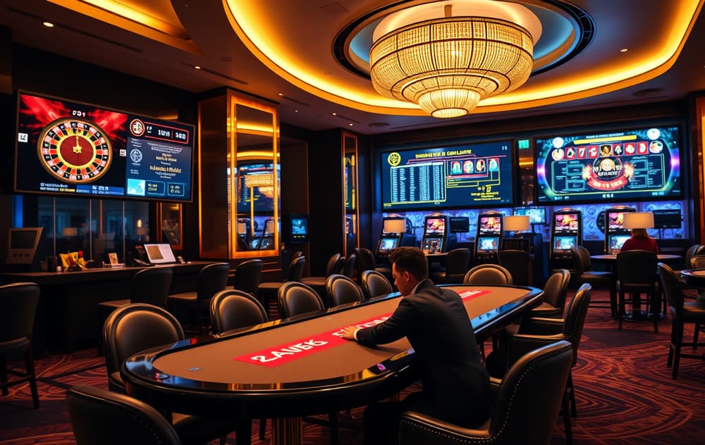Highroller Casino – stilrent high roller-miljø med spillebord og skjermer.