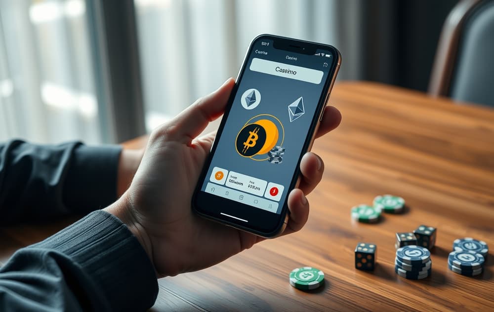 Person med mobil som viser kryptocasino med Bitcoin og Ethereum.