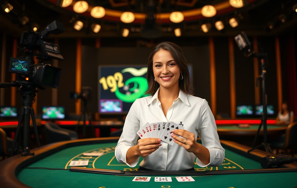 Live casino-dealer ved blackjack-bord i studio