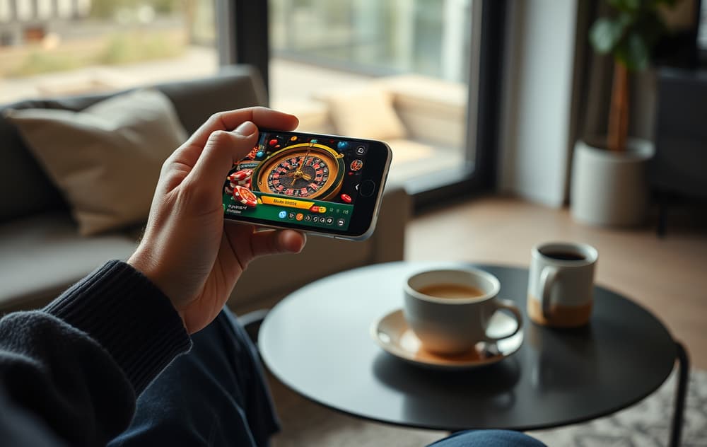 Hender som holder en mobiltelefon med et casinospill, i en stue.