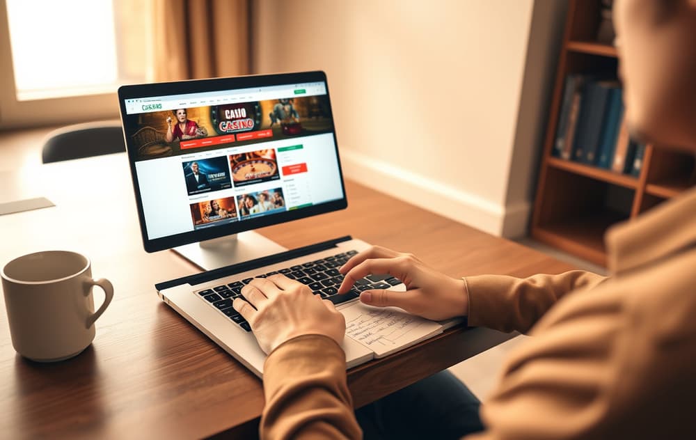 En person sammenligner casinoer på en bærbar PC med notatblokk ved siden av