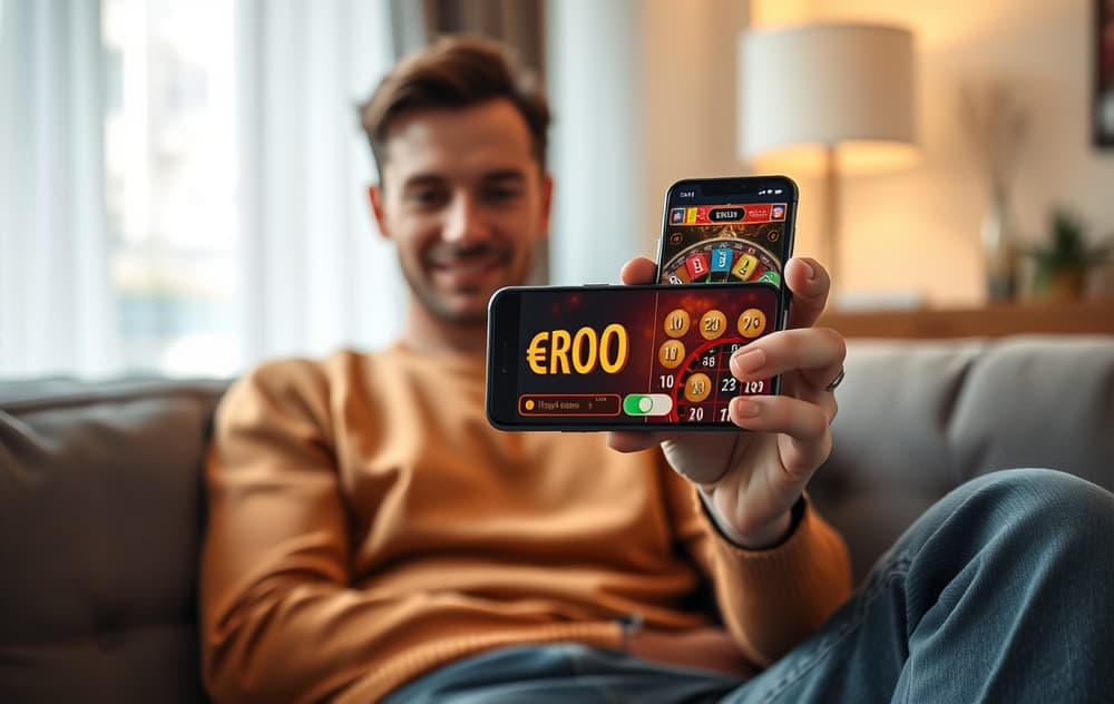 Person som spiller på mobil med norske kroner på skjermen
