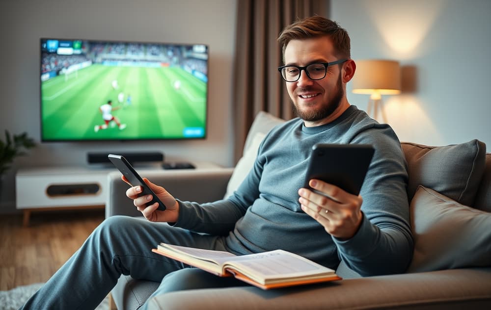 En mann som analyserer odds fra nye bettingsider på mobil og nettbrett med fotballkamp på TV.