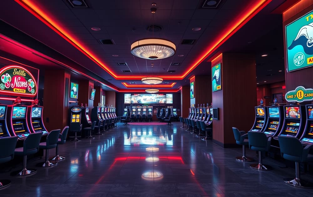 Moderne casino lobby med spilleautomater og neonlys