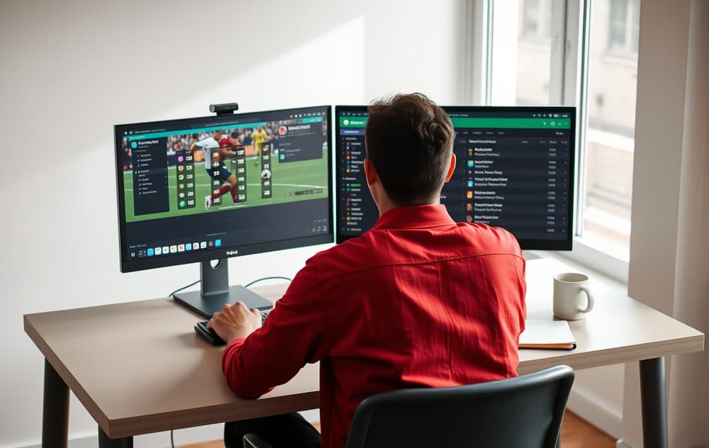 En person sammenligner oddsbonuser på bettingsider ved en datamaskin.