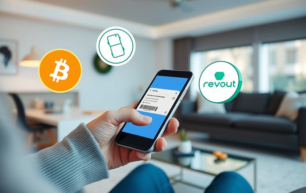 Person som mottar rask utbetaling på mobil med crypto- og e-lommebokikoner.