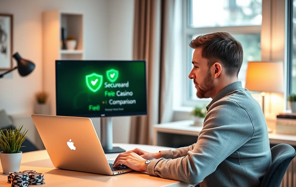 Person som sammenligner trygge casinoer på laptop, med et grønt skjoldikon på skjermen