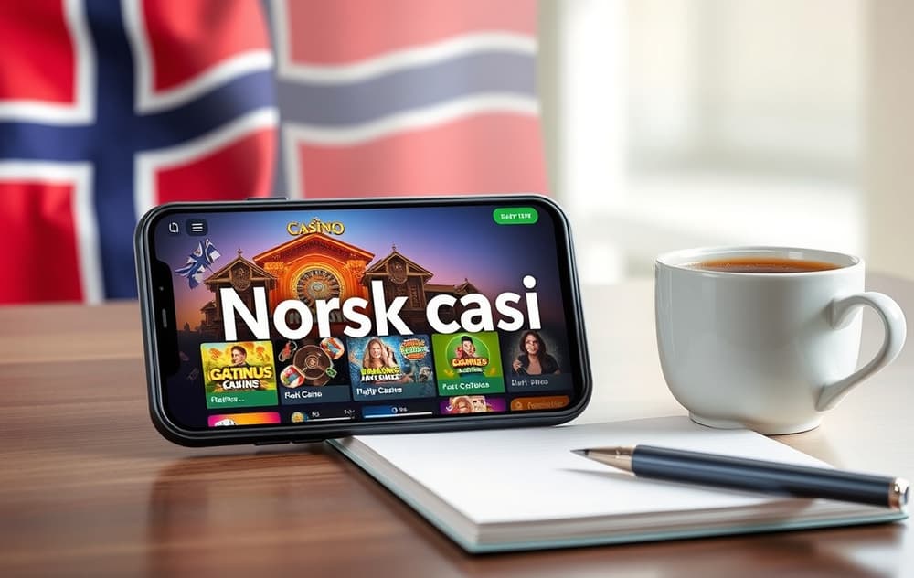Mobiltelefon med casinospill og norsk flagg, kaffekopp og notatblokk, representerer casinoanmeldelse