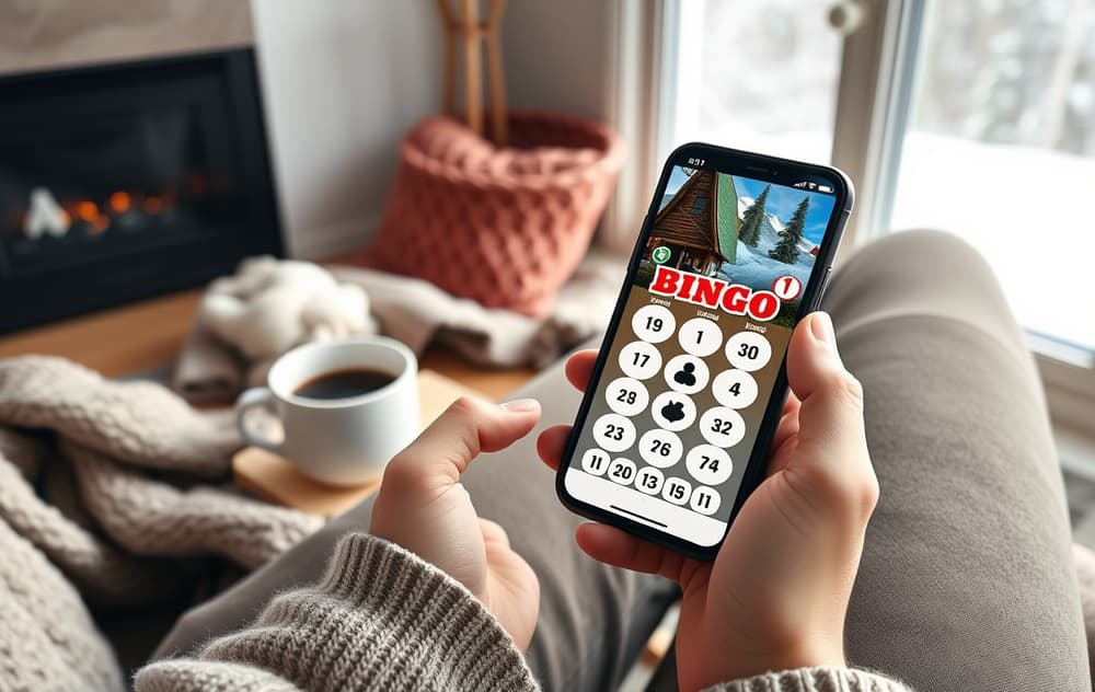 En person som spiller bingo på mobilen i en norsk stue med kaffekopp og vinterutsikt.